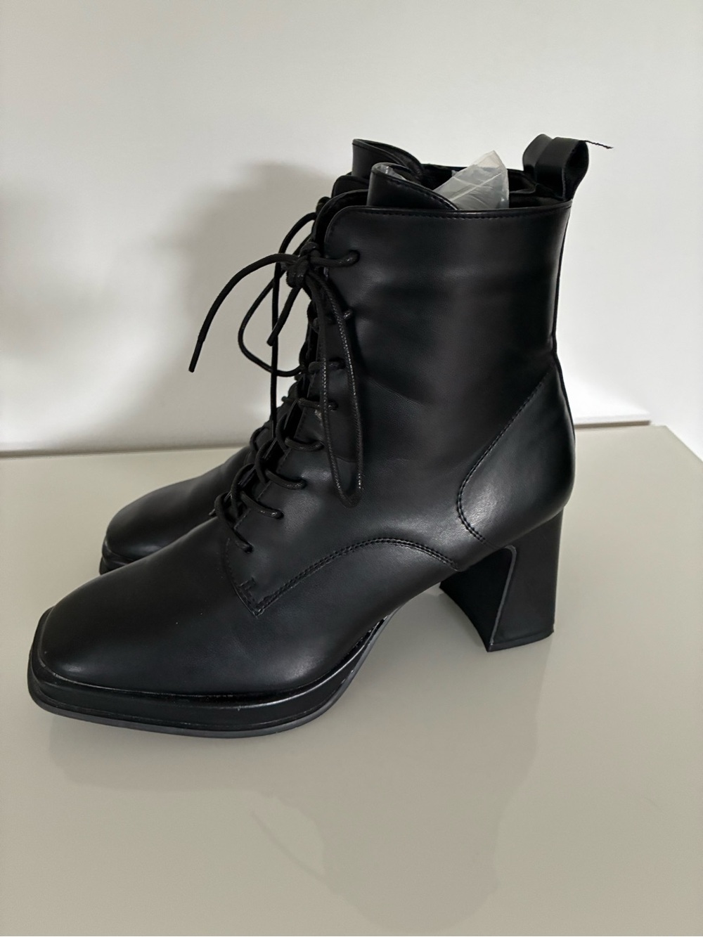 ournee Collection Kalindi Black Block Heel Combat Booties Women's Size 9.5